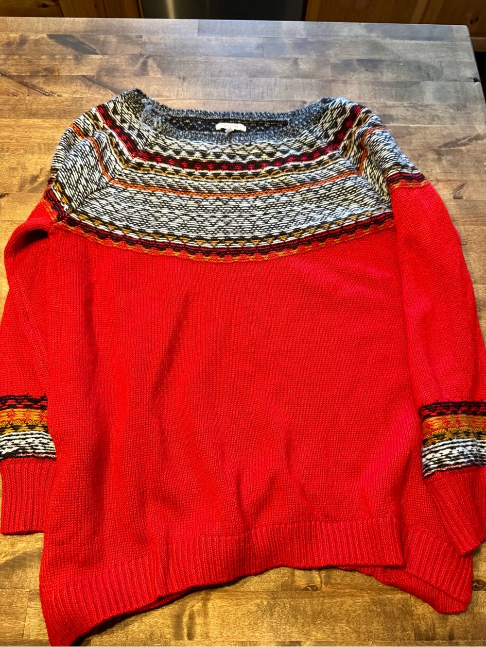 Maurices Bright Red Crewneck Sweater with Multicolor Fair Isle Yoke